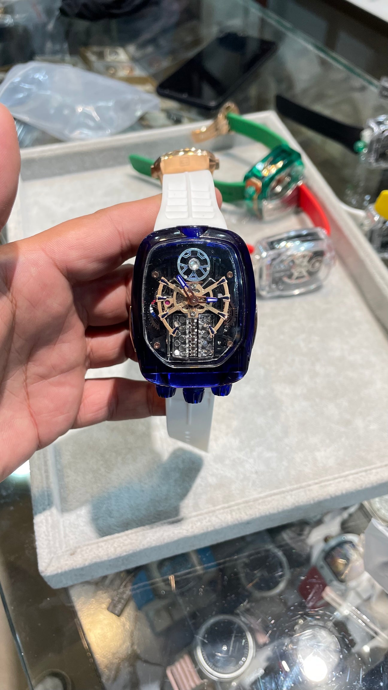Luxury Semi Auto Bugatti Watch In Blue With White Strapes