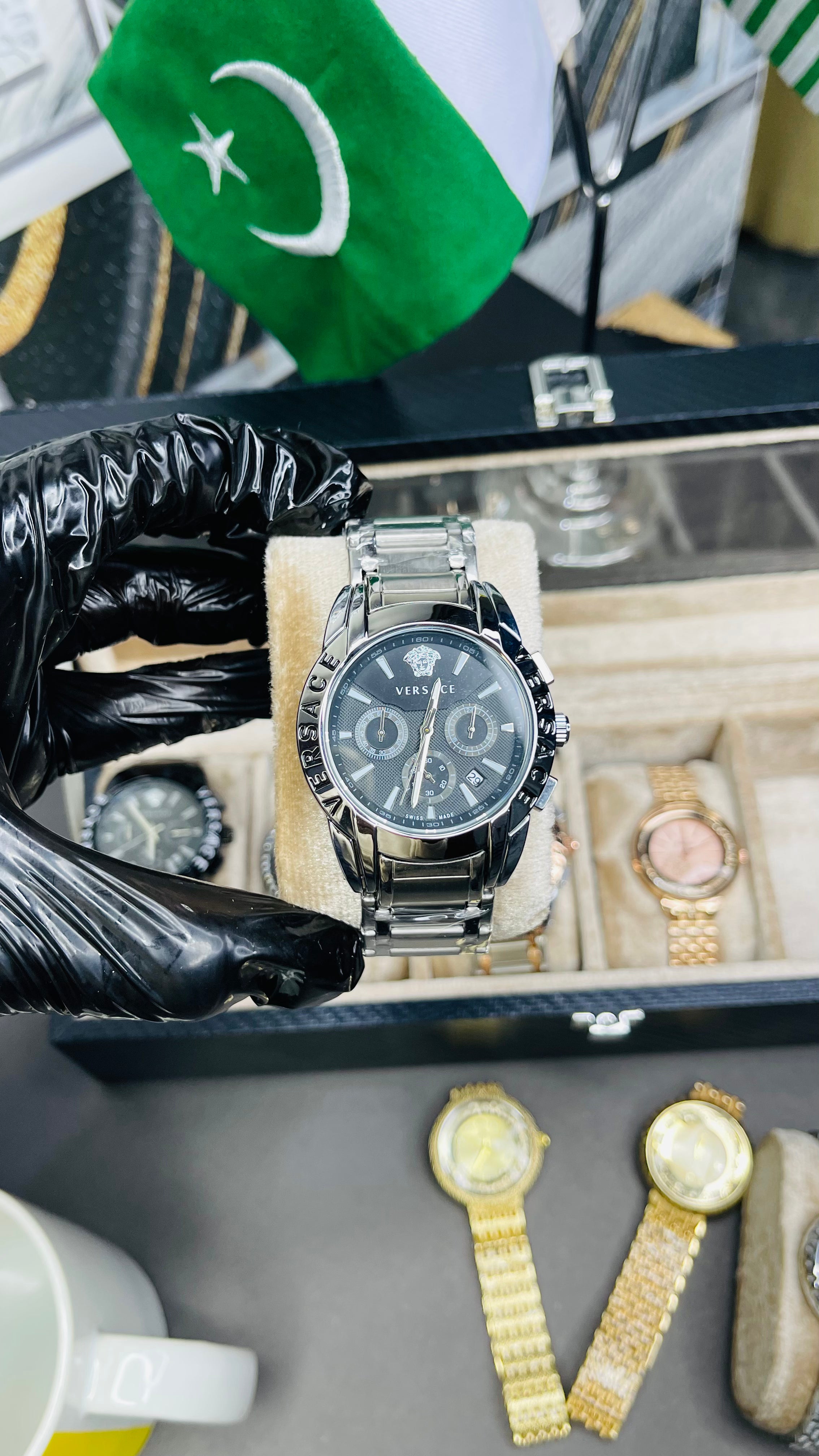 Silver Case Versace Watch With Free Ladies Watch