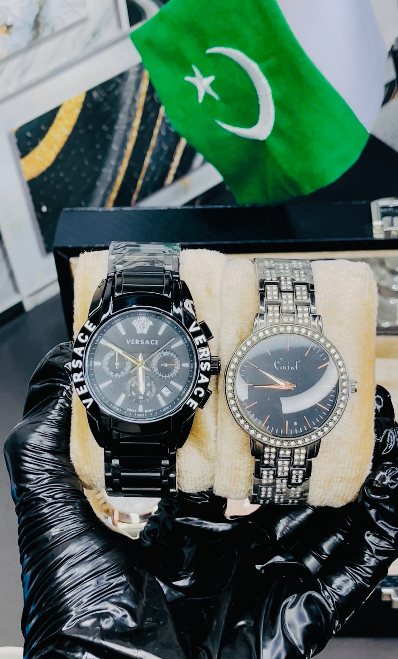 Black Case Versace Watch With Free Ladies Watch