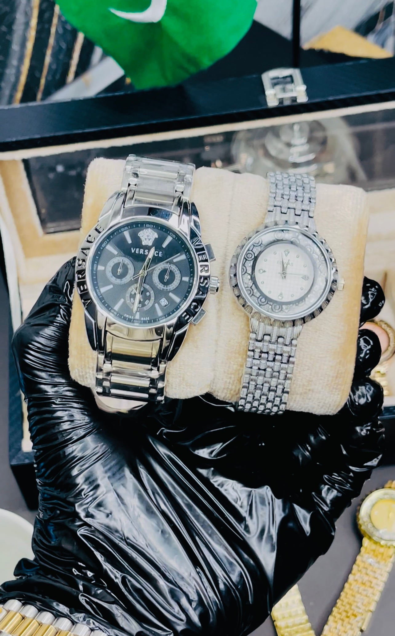 Silver Case Versace Watch With Free Ladies Watch